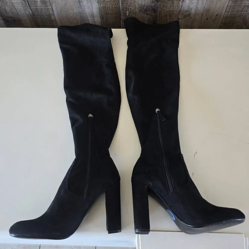 Steve Madden Mozee Black Faux Suede Embroidered Rose Over The Knee Boots 7.5 NWO